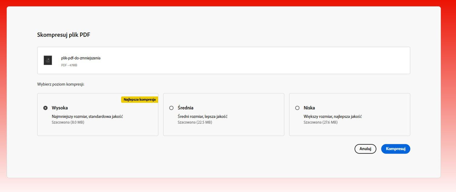 Adobe Acrobat oferuje narzędzie do kompresowania online