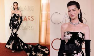 Oscary 2026. Anne Hathaway zamiata czerwony dywan kwiatową sukienką z trenem. Klasa? (ZDJĘCIA)