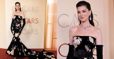 Oscary 2026. Anne Hathaway zamiata czerwony dywan kwiatową sukienką z trenem. Klasa? (ZDJĘCIA)