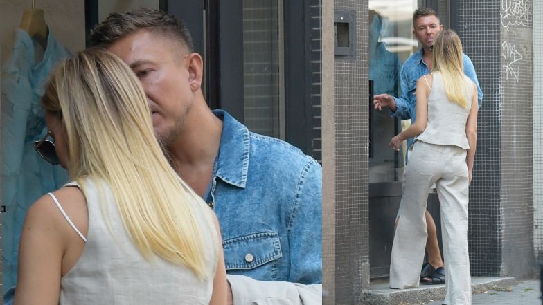 Izabela Janachowska pozuje przed butikiem Łukasza Jemioła