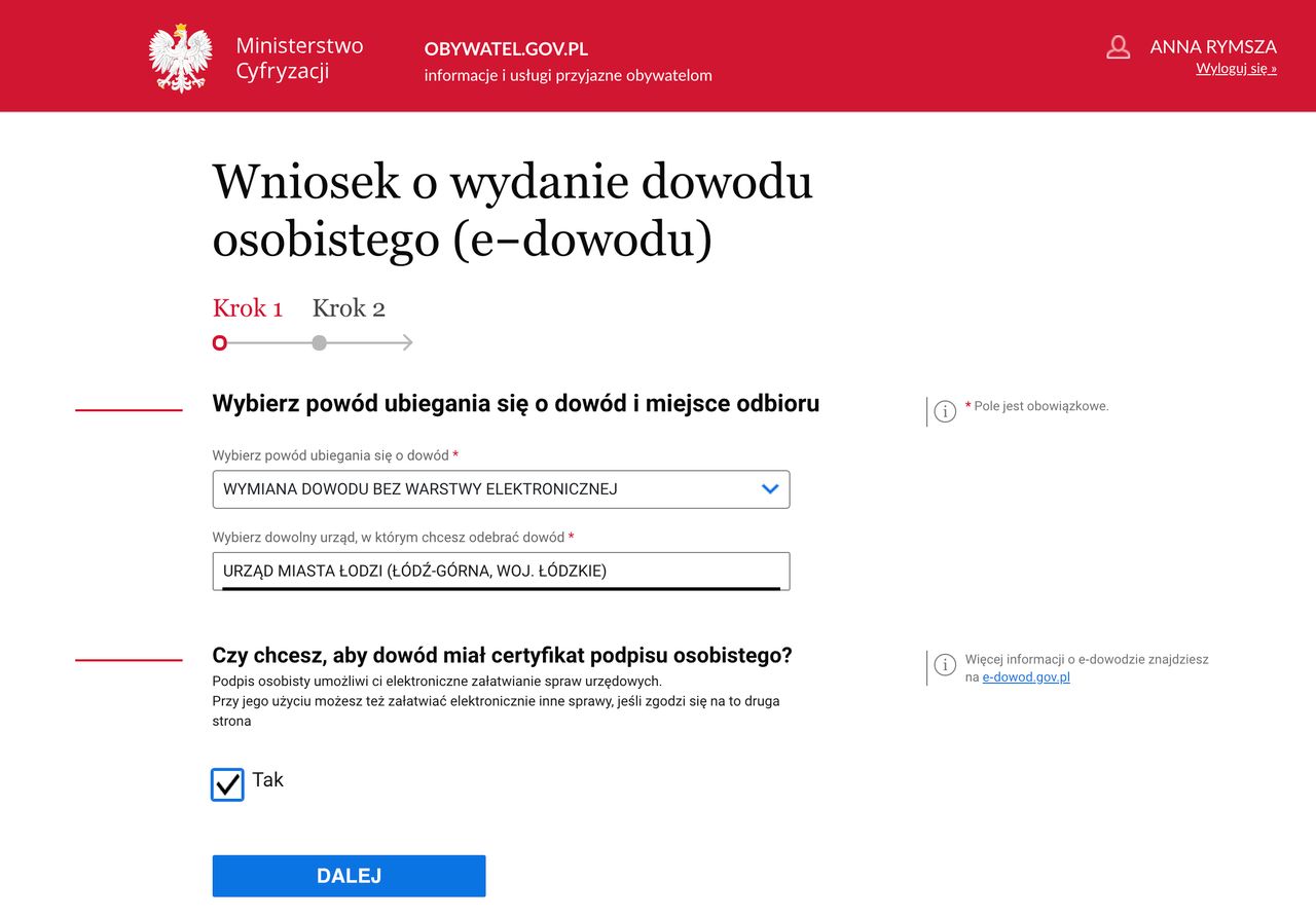 Pierwszy krok wypełniania wniosku o wydanie nowego dowodu osobistego