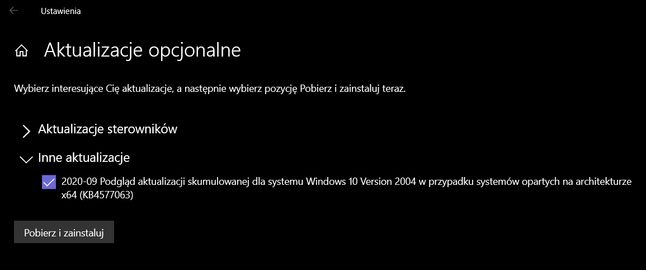 Aktualizacja KB4577063 jest widoczna w Windows Update jako pakiet opcjonalny, fot. Oskar Ziomek.