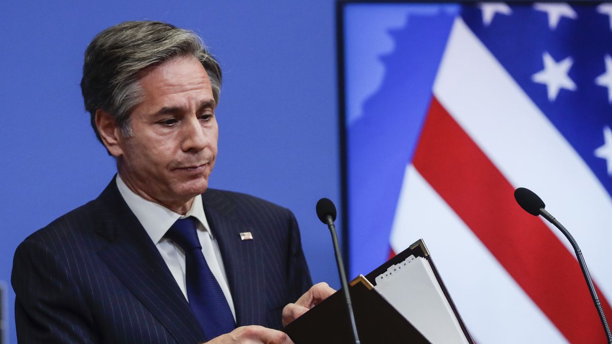 BRUSSELS, BELGIUM - MARCH 24: US Secretary of State Antony Blinken gives a press briefing at the end of a NATO Foreign Ministers' meeting at the Alliance's headquarters in Brussels, Belgium, 24 March 2021. The foreign ministers met in person for the first time in more than a year. They prepared for an upcoming summit by discussing a set of proposals to reform the military alliance. (Photo by Olivier Hoslet / Pool/Anadolu Agency via Getty Images)