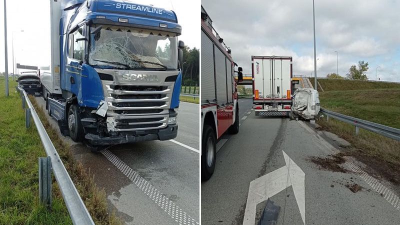 Kierowca Scanii wjechał w busa służby drogowej. Śmierć na miejscu poniósł 23-letni pracownik