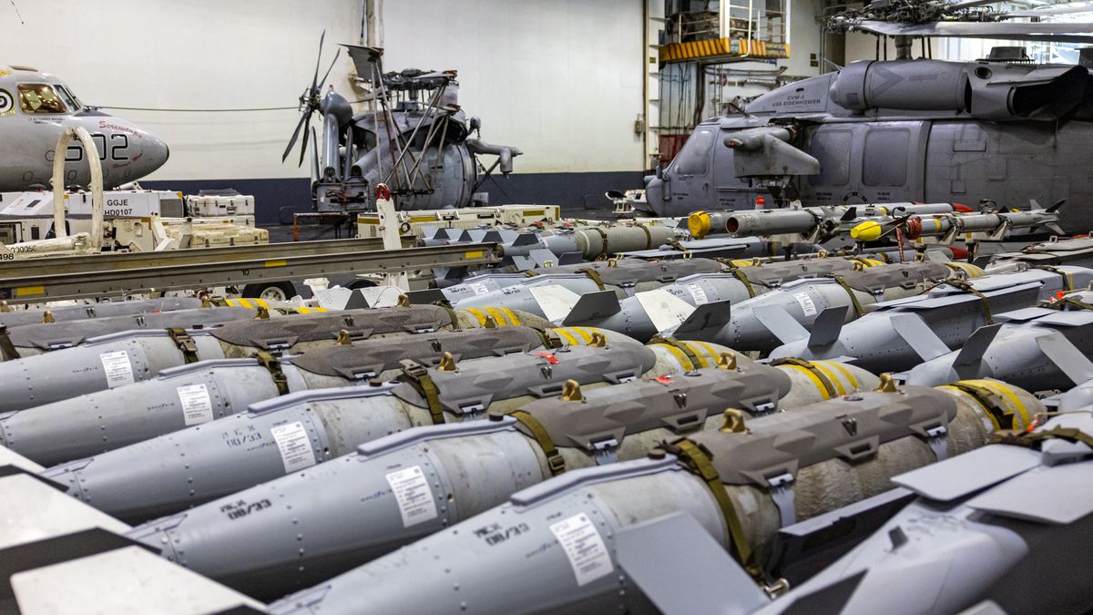 Ordinance in the hanger bay of the USS Dwight D. Eisenhower (CVN 69) aircraft carrier during operations in the southern Red Sea, on Wednesday, March 20, 2024. Houthi militants started attacking Red Sea shipping in November 2023, ostensibly as a means of pressuring Israel to end its war in Gaza against Hamas, with the US and UK responding with airstrikes including the use of jets from the USS Eisenhower against the Houthis' military assets. Photographer: Christopher Pike/Bloomberg via Getty Images