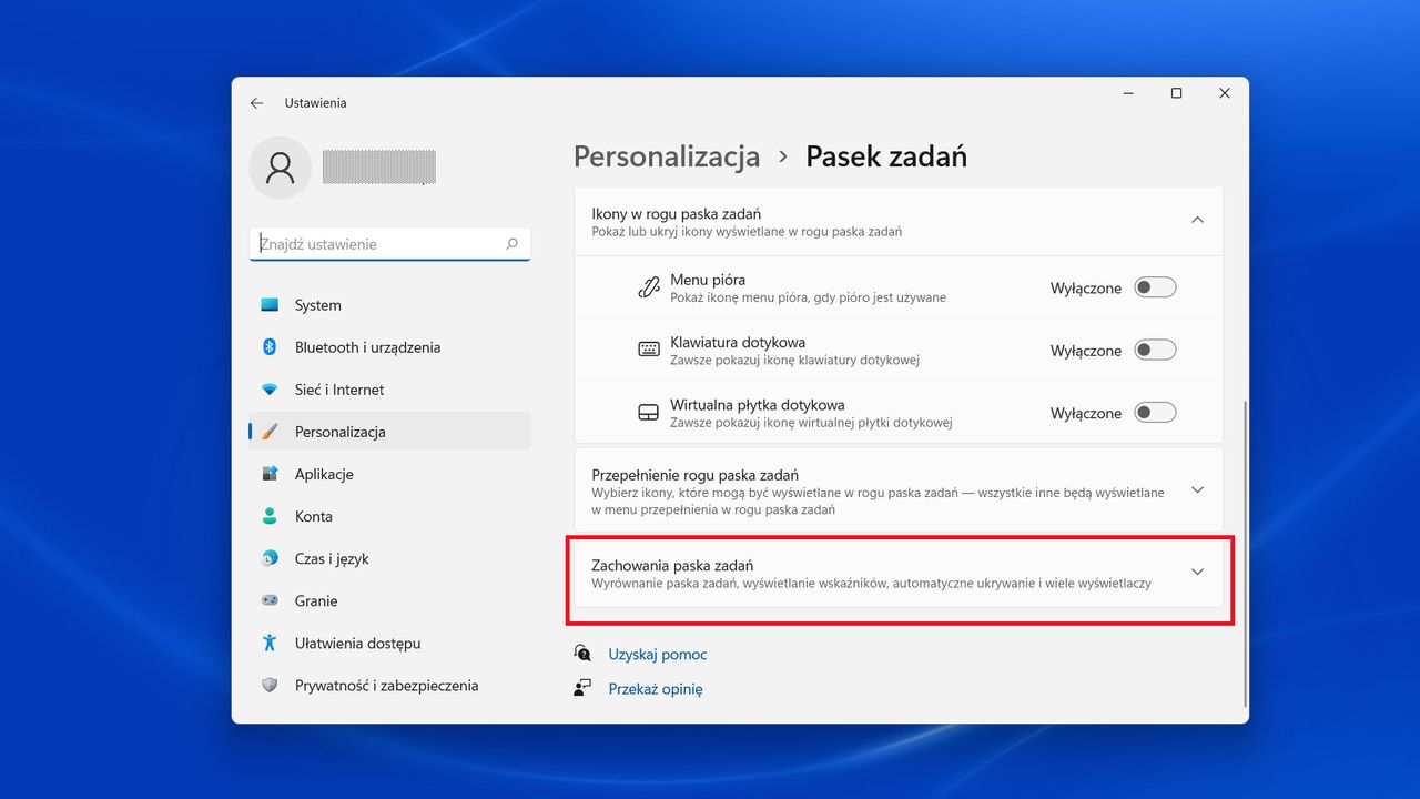 Windows 11: menu Personalizacja-Pasek Zadań