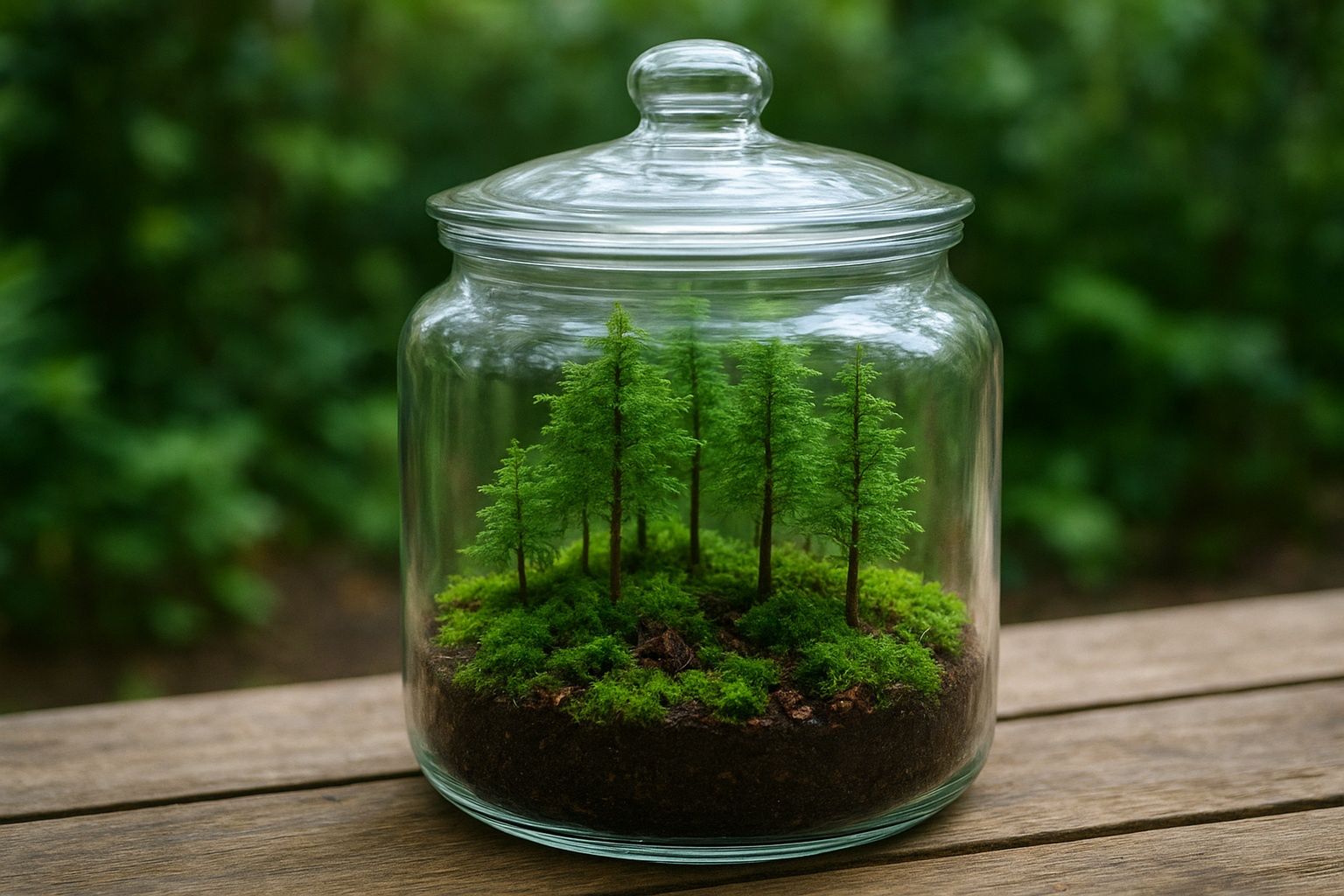 Las w słoiku – efektowny ogród w szkle z paprociami, mchem i kamieniami na jasnym tle. – ilustracja artykułu