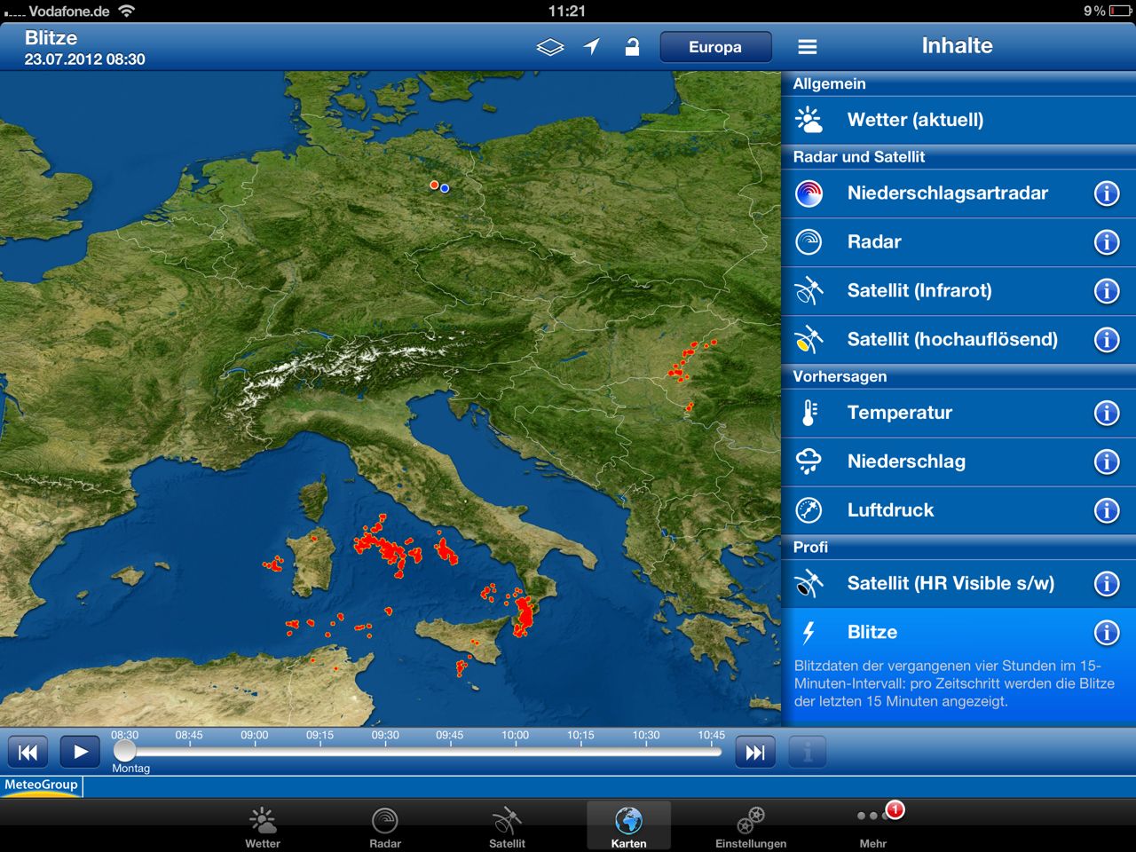Zdjęcie przedstawia wyładowania (burze) zaobserwowane we Włoszech w dniu 23 lipca