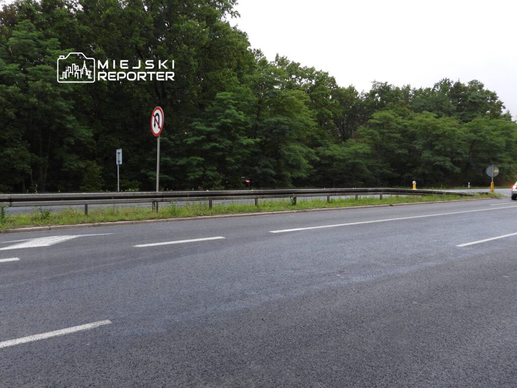 Rondo z oznaczeniem zakazu skrętu w lewo, otoczone zielenią, wzdłuż drogi.