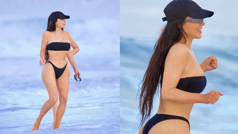 Kim Kardashian biega po plaży w SKĄPYM BIKINI. Ciało idealne? (ZDJĘCIA)
