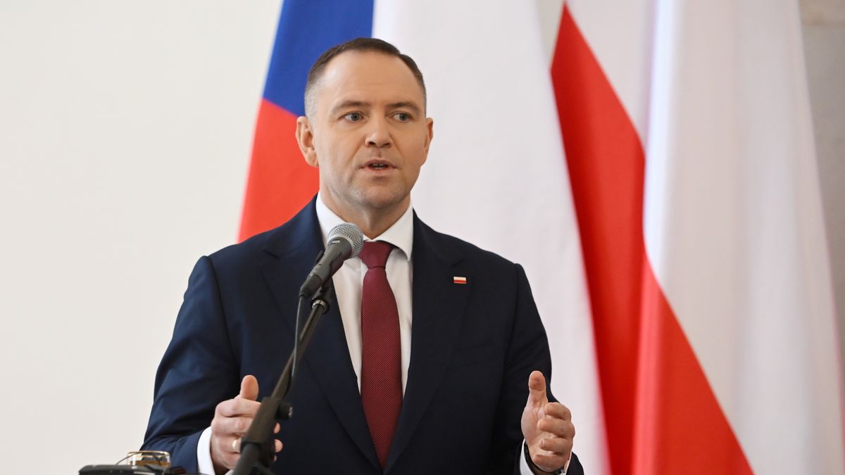PRAGUE, CZECH REPUBLIC - 2025/11/24: Polish President Karol Nawrocki speaks to the media during a joint press conference at Prague Castle. Polish President Karol Nawrocki visits the Czech Republic and meets with Czech President Petr Pavel. After their meeting the Polish and Czech Presidents attended a joint press conference. (Photo by Tomas Tkacik/SOPA Images/LightRocket via Getty Images)