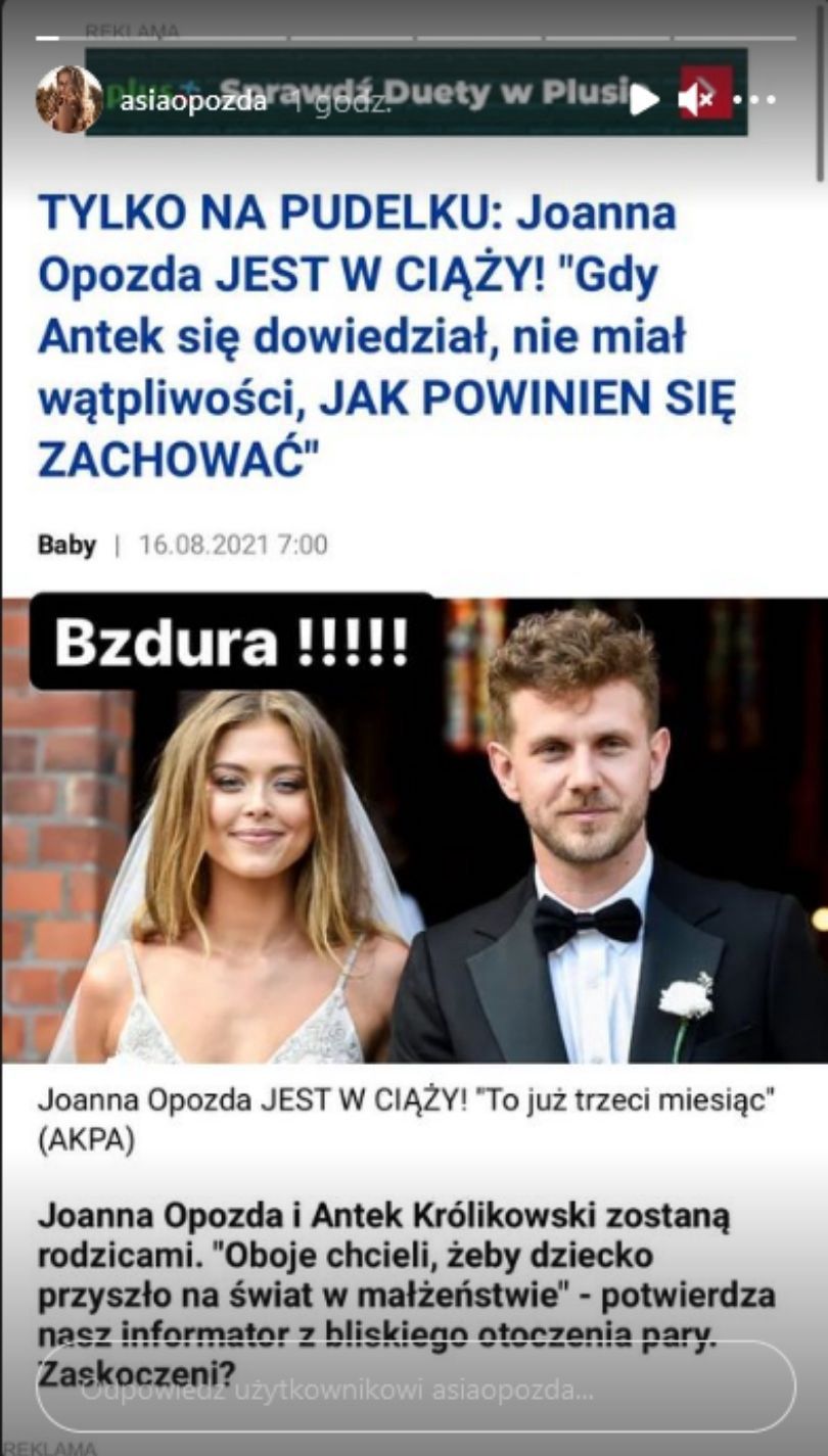 Joanna Opozda zapewnia, że ciąża nie była powodem ślubu z Antkiem Królikowskim