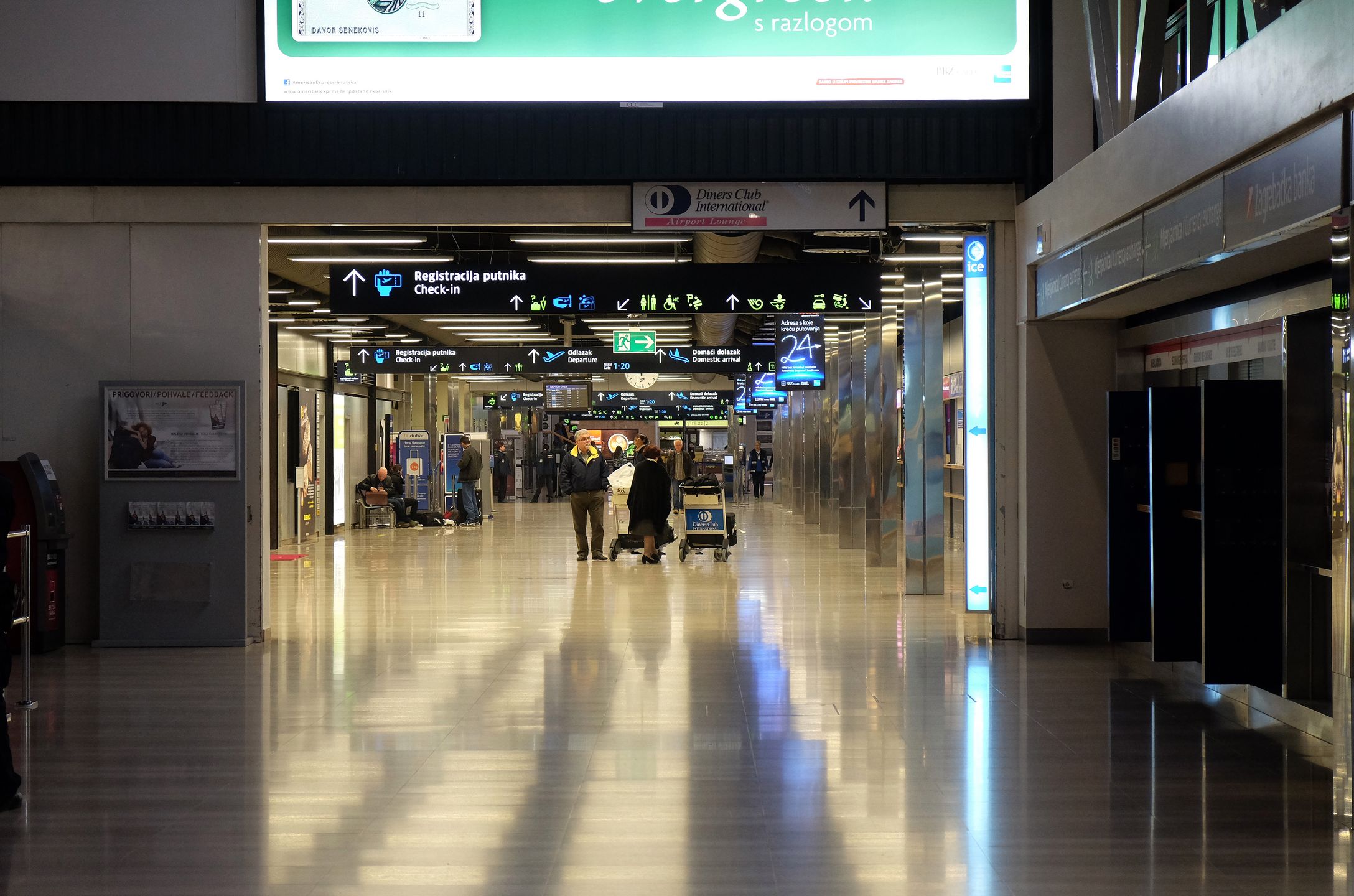 ZAGREB, CROATIA - MARCH 03: Interior of Pleso Airport main terminal building on March 03, 2016 in Zagreb, Croatia. It was built in 1966, occupies 5000 sq. meters and serves 2 million passengers a year. 