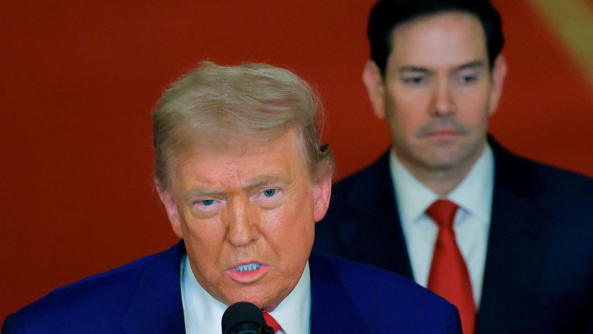 US President Donald Trump, left, and Marco Rubio, US secretary of state, during an address to the nation in the East Room of the White House in Washington, DC, US, on Saturday, June 21, 2025. Trump said the US military struck three sites in Iran on Saturday, marking the first American involvement in direct attacks against Iranian nuclear assets in its conflict with Israel. Photographer: Carlos Barria/Reuters/Bloomberg via Getty Images
