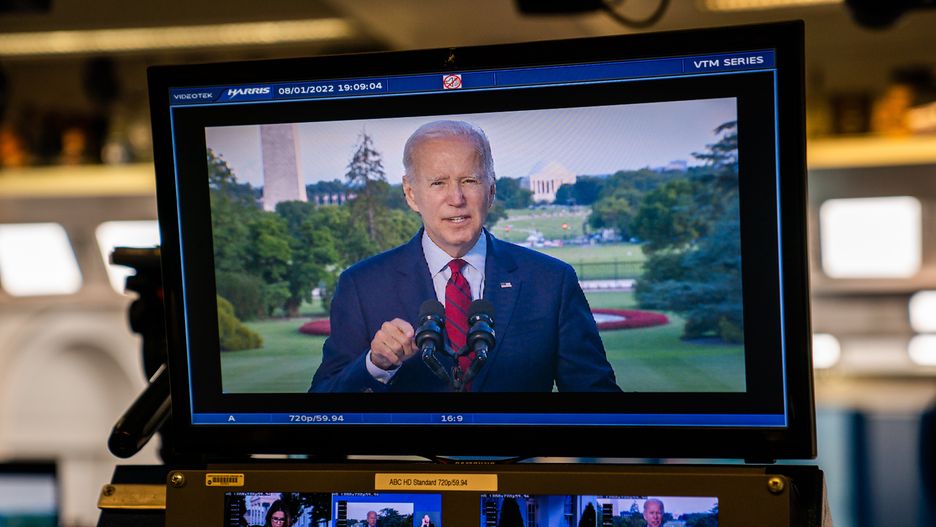 WASHINGTON, DC  August 1, 2022:

US President Joe Biden on screen delivering remarks on the successful counterterrorism operation of the killing of al Qaeda leader Ayman al-Zawahiri on the Blue Room Balcony of the White House on August 1, 2022. 

(Photo by Demetrius Freeman/The Washington Post via Getty Images)