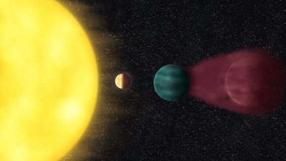 Wizualizacja układu HD 63433 z nowo odkrytą planetą wielkości Ziemi leżącą najbliżej gwiazdy i dwoma mini-Neptunami znajdującymi się na dalszych orbitach. 