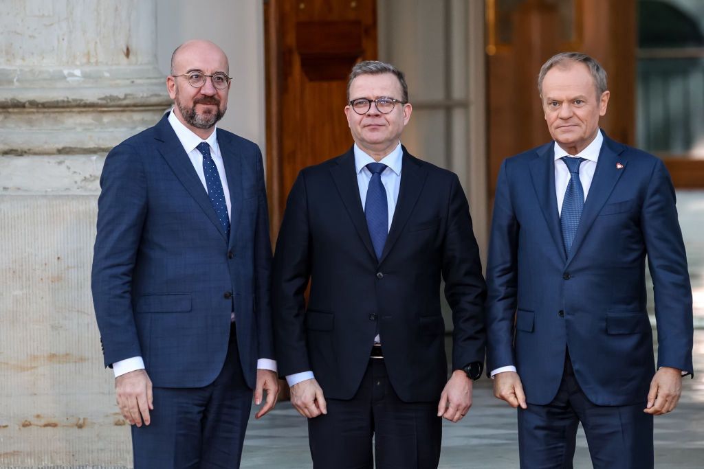 EU Heads Of Goverments Meet To Discuss New Strategic Agenda
Prime Minister of Poland, Donald Tusk and President of European Commission, Charles Michel welcome Petteri Orpo, Prime Minister of Finland during multilateral talks in the about the new - 2025-2029 strategic agenda of EU in Royal Baths, the Palace on the Isle in Warsaw, the capital of Poland on April 11, 2024. The heads of governments and the president of European Council discuss new financial and security strategies of the EU in the face of the challenges of conflict in Ukraine.. (Photo by Dominika Zarzycka/NurPhoto via Getty Images)
NurPhoto
eu, pm, republic of poland, agenda, alliance, attend, border, building, capital, council, defence, diplomat, editorial, heads of governments, international, minister, multilateral, national, policy, policy makers, rebuild, relation, representative, society, speak