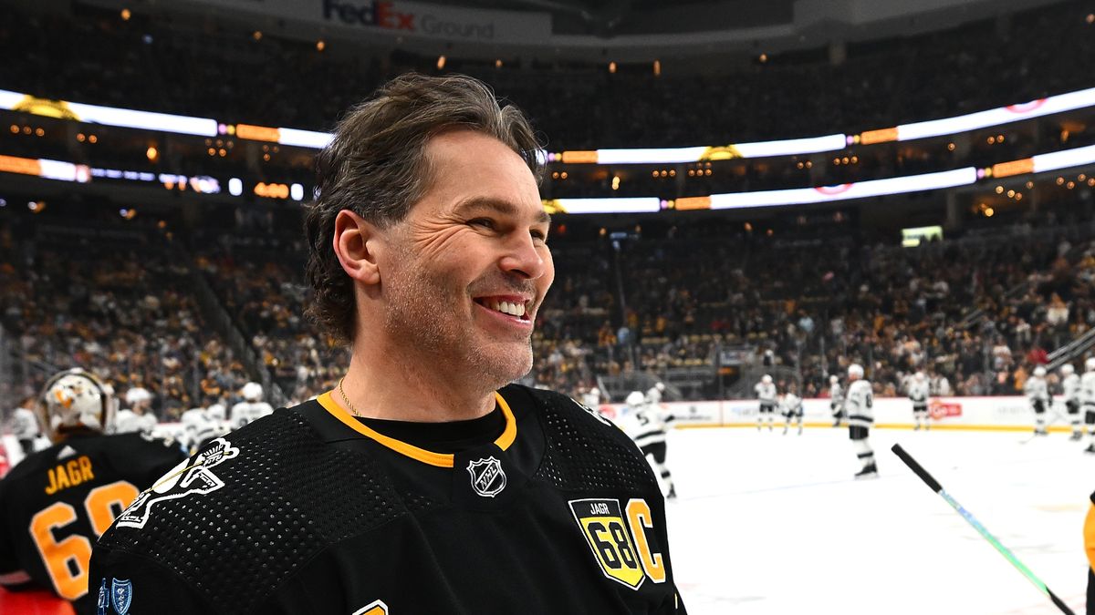 PITTSBURGH, PA - FEBRUARY 18:  Jaromir Jagr skates during warm ups after having his number retired and banner raised to the rafters before the game between the Pittsburgh Penguins and the Los Angeles Kings at PPG PAINTS Arena on February 18, 2024 in Pittsburgh, Pennsylvania. (Photo by Joe Sargent/NHLI via Getty Images)