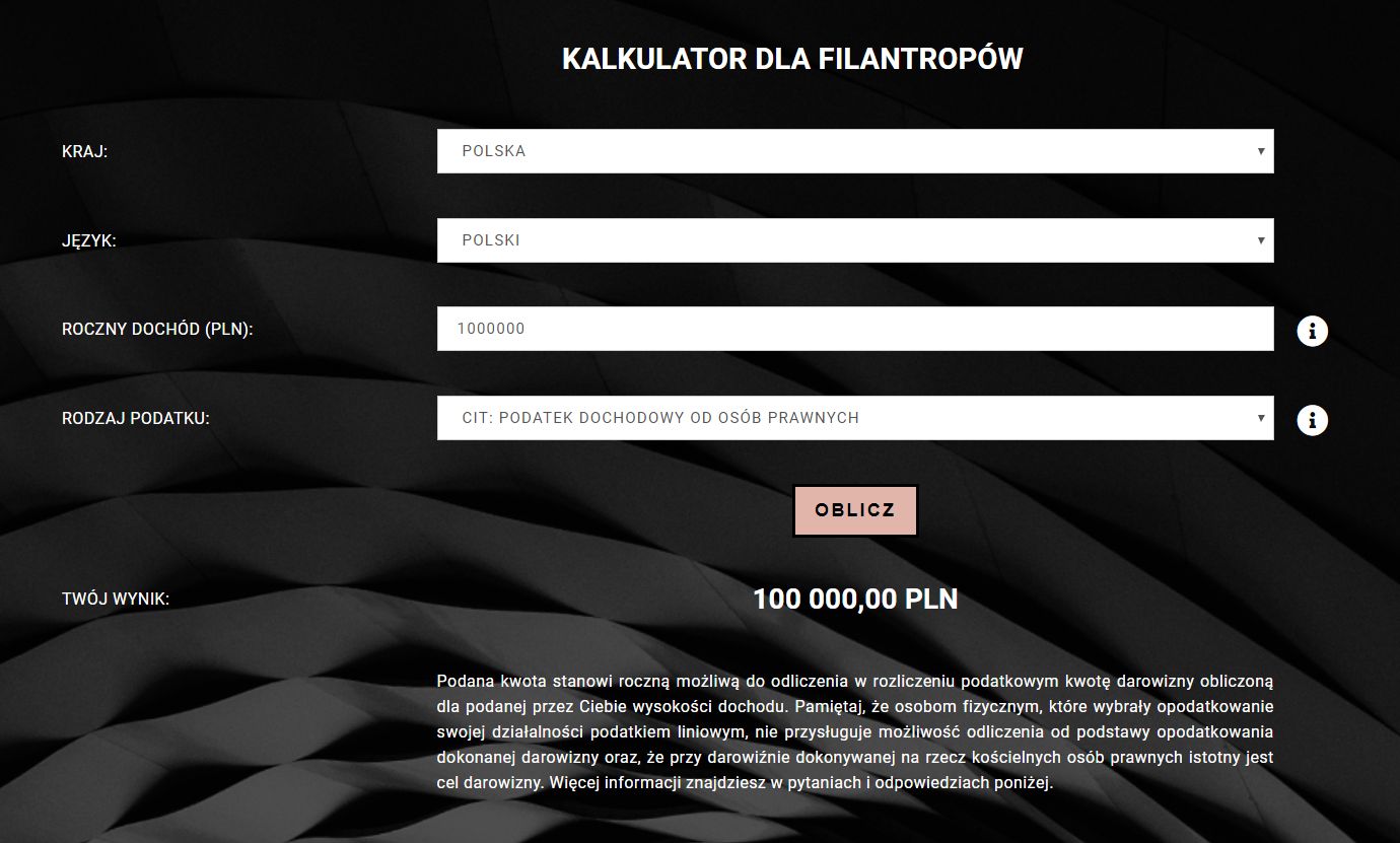 Przykładowa kalkulacja z kalkulatora dla filantropów.