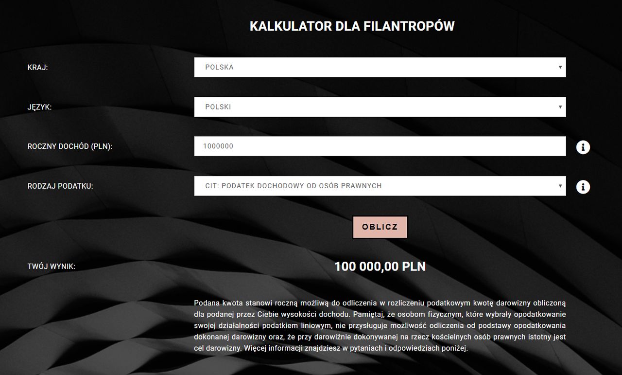 Przykładowa kalkulacja z kalkulatora dla filantropów.