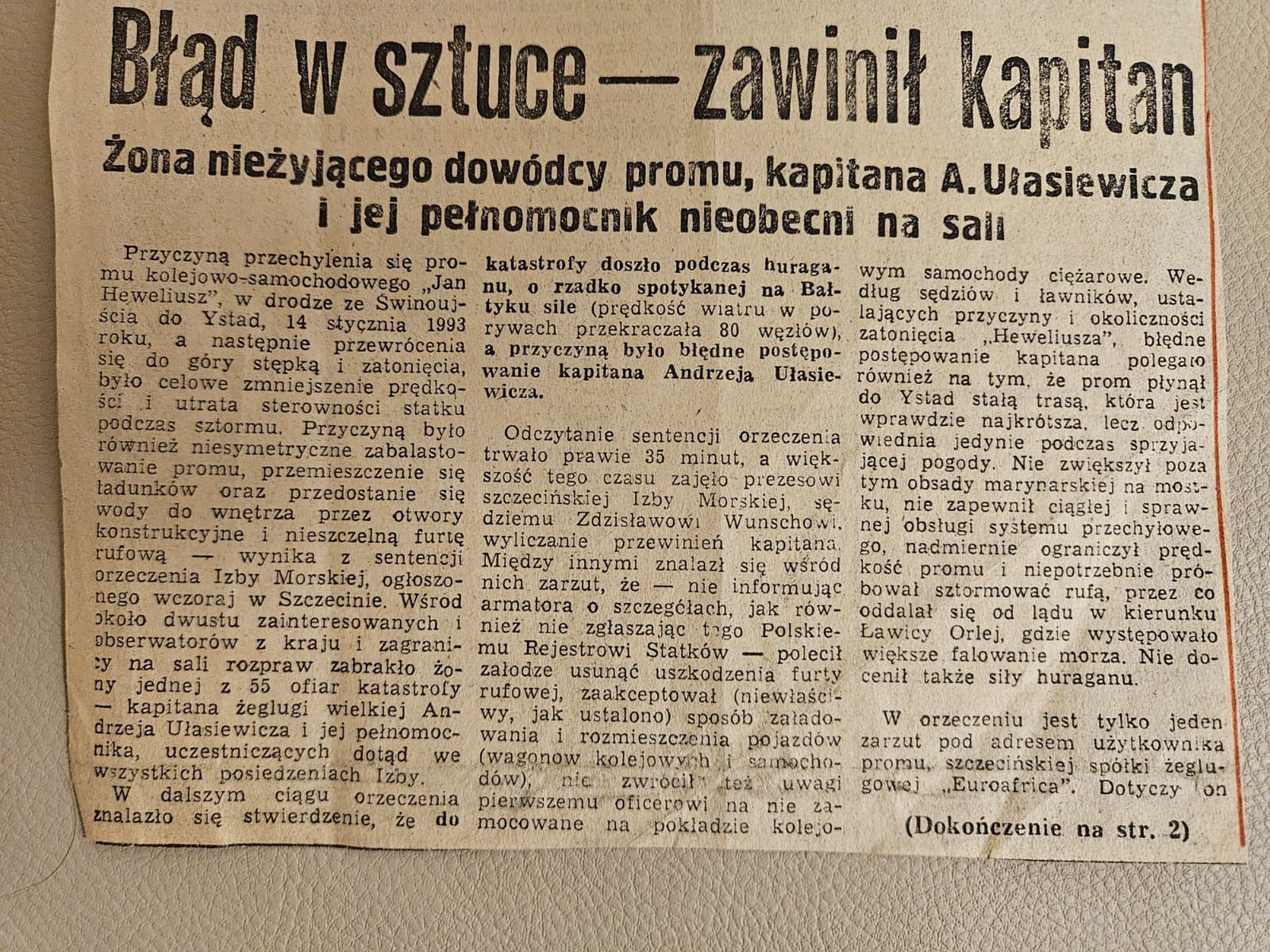 "Głos Szczeciński" z relacją z orzeczenia Izby Morskiej, 1994 r.