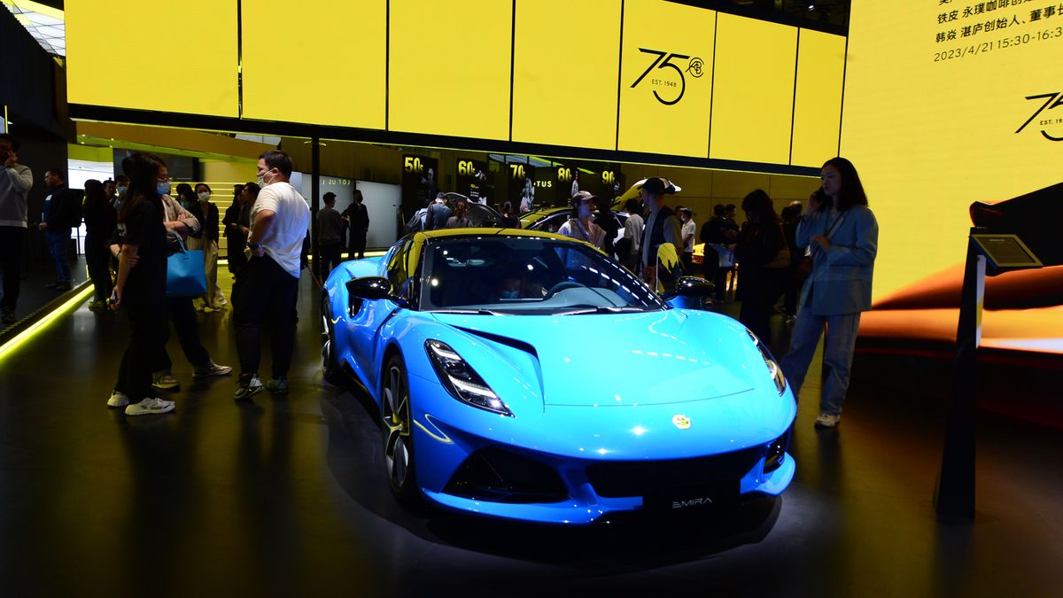 SHANGHAI, CHINA - APRIL 21, 2023 - An Emira sports car is displayed at the LOTUS booth at the 2023 Shanghai Auto Show in Shanghai, China, April 21, 2023. In this year's Shanghai Auto Show, LOTUS Auto launched the world's fastest mass-produced pure electric supercar Evija, LOTUS fuel supercar Emira, LOTUS Eletre, the world's first pure electric supercar SUV, and three classic model replicas, and released the world's first mass-produced "flash charging robot" independently developed by Luters. (Photo credit should read CFOTO/Future Publishing via Getty Images)