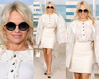 Elegancka Pamela Anderson pozdrawia fotografów na pokazie Chanel