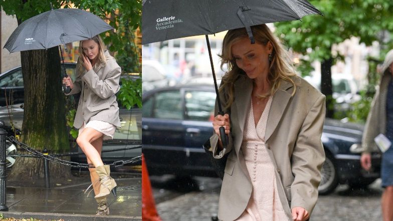 Agnieszka Woźniak-Starak zwinnie omija kałuże w modnych botkach i letniej sukience