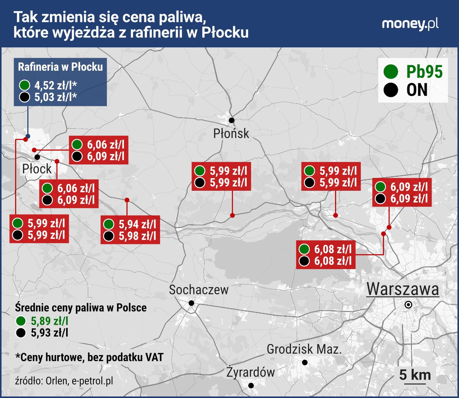 Ceny paliw na stacjach Orlenu między Płockiem i Warszawą