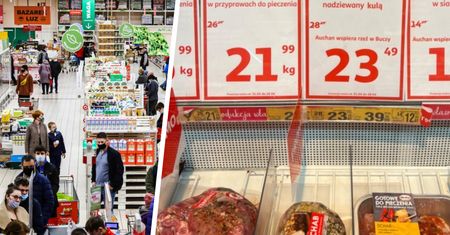 Bojkot Auchan. Podmienione etykiety produktów informują o ludobójstwie w Ukrainie