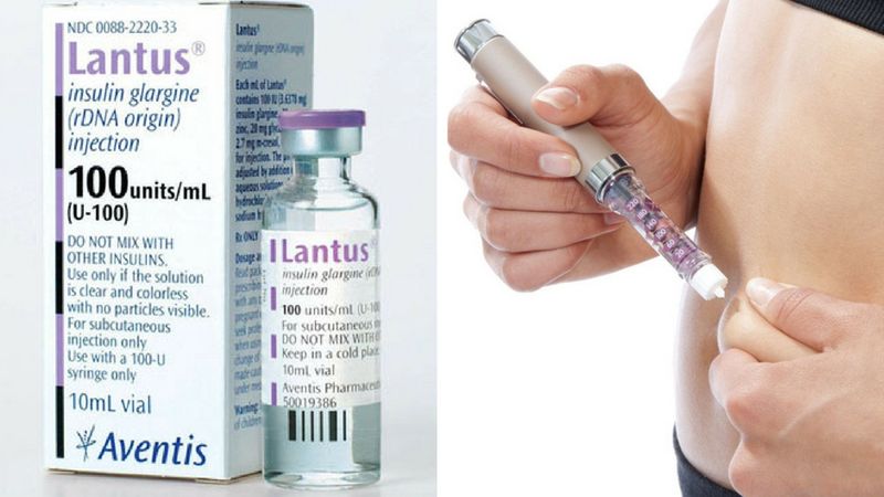 Insulina""Lantus'' oraz osoba wstrzykująca sobie insulinę poprzez odpowiednie narzędzie