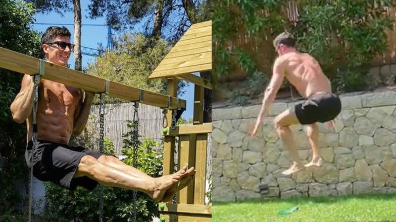 Skoczny jak żabka Robert Lewandowski robi trening na PLACU ZABAW