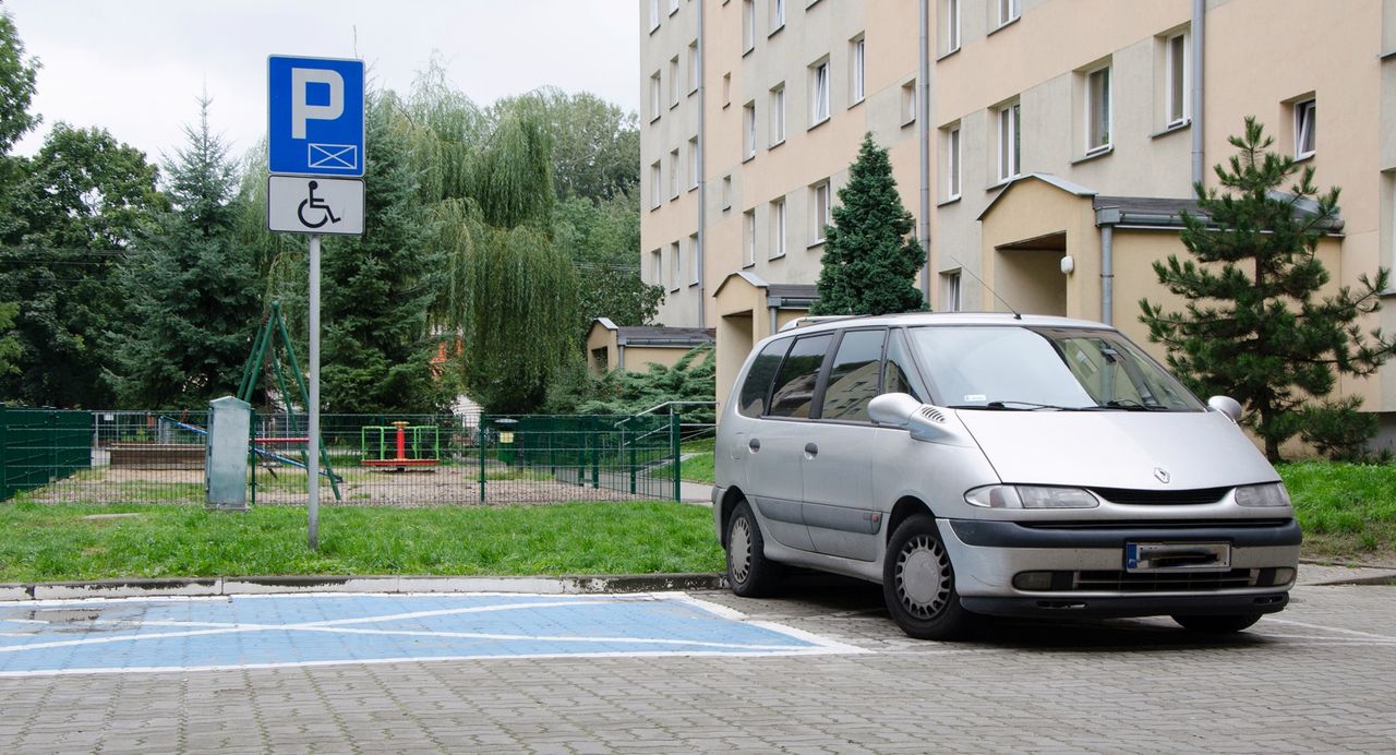 Ten samochód stoi na tzw. kopercie, która została jako jedna z dwóch zamalowanych. Najnowszy wzór miejsca postojowego dla osób niepełnosprawnych to koperta w kolorze niebieskim. Jednak poprzedni wciąż obowiązuje. Sprawę sporną rozwiązuje znak pionowy - wskazuje tylko jedno miejsce postojowe. Zatem jeżeli auto nie utrudnia ruchu, może tu stać.