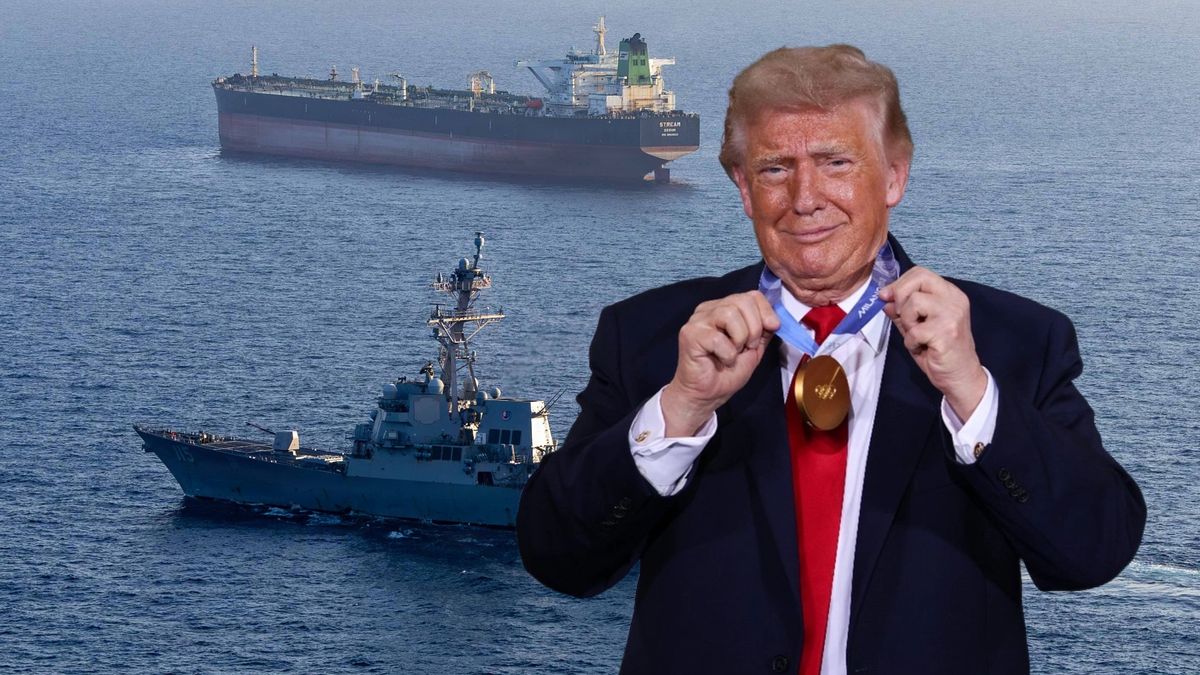Donald Trump mówi o sukcesie w Ormuzie. W tle niszczyciel rakietowy USS Rafael Peralta blokuje irański statek, który próbuje wpłynąć do irańskiego portu - zdjęcie z 26 kwietnia 2026 roku
