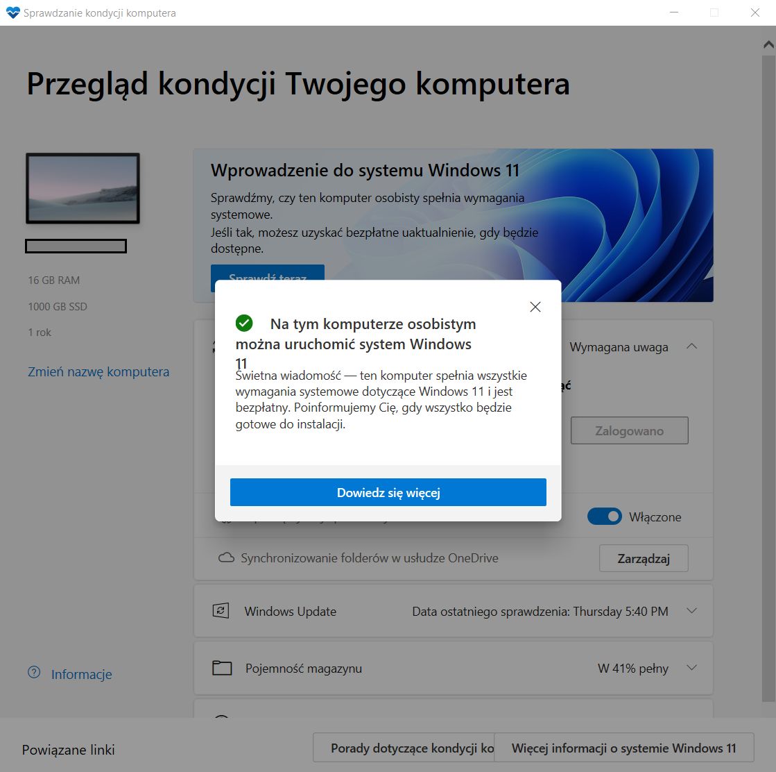 Asystent aktualizacji powie nam o podwyższonych wymaganiach Windows 11... ogólnikowo, niedokładnie i łamaną polszczyzną