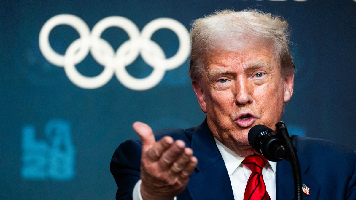 WASHINGTON, DC  August 5: US President Donald Trump answer questions from reporters after signing an executive order regarding the 2028 Los Angeles Olympic Games in the South Court Auditorium of the Eisenhower Executive Office Building at the White House Grounds on Tuesday August 5, 2025. (Photo by Demetrius Freeman/The Washington Post via Getty Images)
