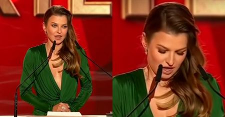 Anna Lewandowska wręcza statuetkę i zapowiada laureatkę: "Rekordzistka świata - yyyh - w pchnięciu kulą i w rzucie oszczep… eee dyskiem"