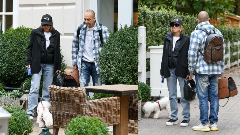 Ewa Chodakowska z mężem i pieskiem na mieście