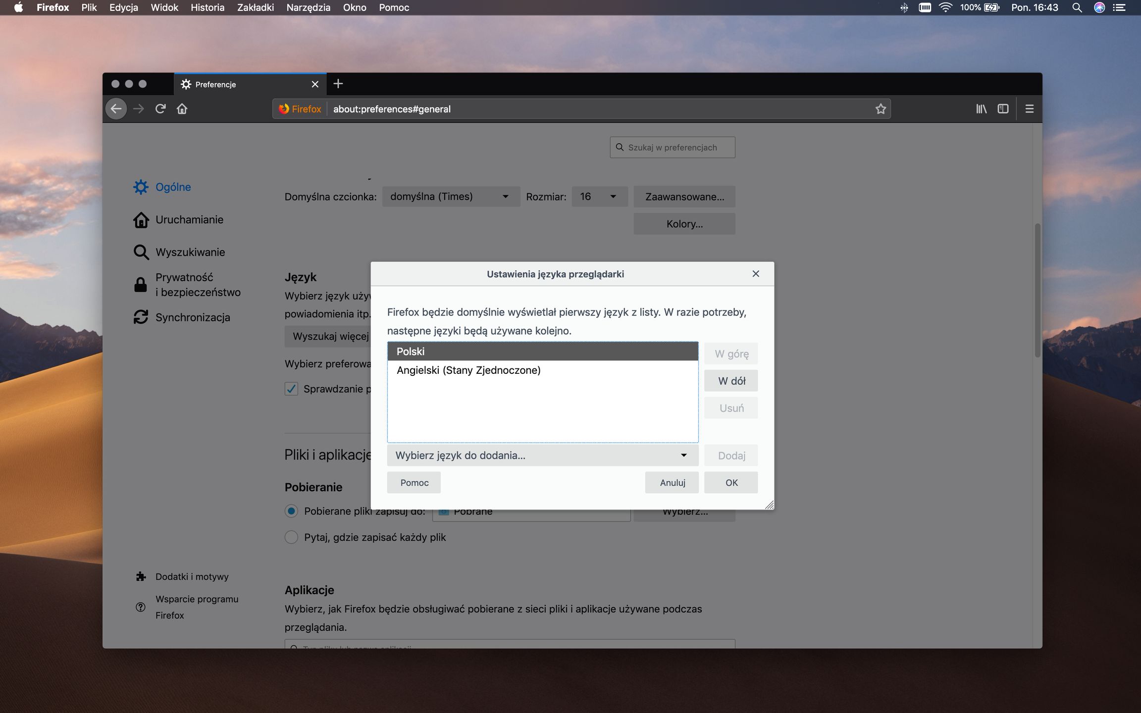 wybór języka głównego i zapasowego