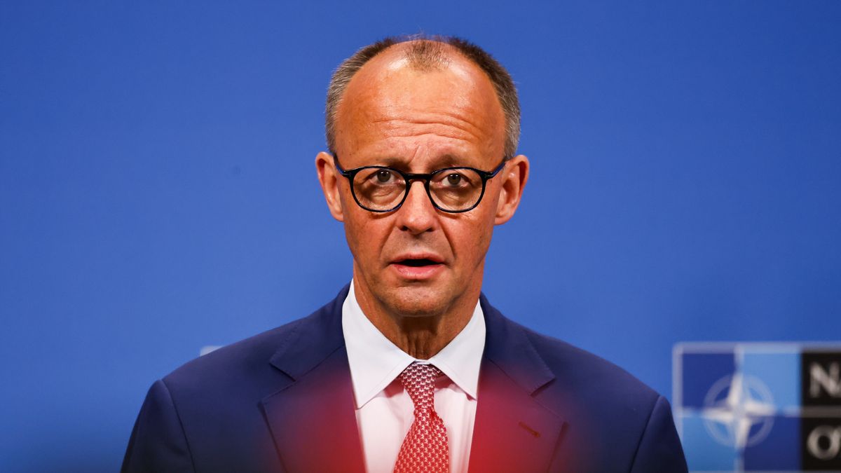 Friedrich Merz, Germany's chancellor, during a news conference with Mark Rutte, secretary general of the North Atlantic Treaty Organization (NATO), during a meeting in Brussels, Belgium, on Friday, May 9, 2025. Speaking to reporters on Friday during his first visit in Brussels since his election as chancellor in Berlin earlier this week, Merz said he congratulated Trump on the recent conclusion of a trade agreement with the former EU member state Britain. Photographer: Simon Wohlfahrt/Bloomberg via Getty Images