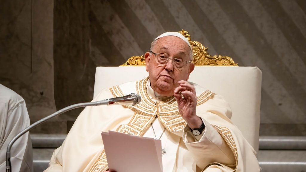 Pope Francis delivers his speech during the First Vespers on
VATICAN - 2025/02/01: Pope Francis delivers his speech during the First Vespers on the Feast of the Presentation of the Lord coinciding with the World Day of Consecrated Life at St. Peter's Basilica. (Photo by Stefano Costantino/SOPA Images/LightRocket via Getty Images)
SOPA Images
st. peter's basilica, faith, feast, world day of consecrated life, religious, traditional, belief, presentation of the lord