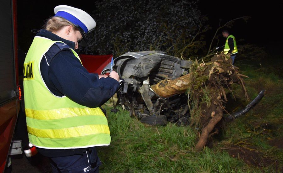 Fot. Pomorska Policja  BMW kompletnie rozbite po wjechaniu w drzewo