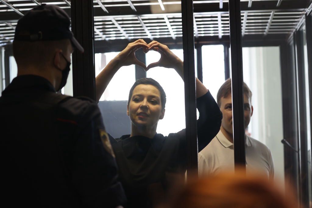 Court hearing of Maria Kolesnikova in BelarusMINSK, BELARUS - AUGUST 04: A court hearing on the criminal case against Maria Kolesnikova and Maxim Znak is being held in Minsk, Belarus on August 04, 2021. (Photo by Stringer/Anadolu Agency via Getty Images)Anadolu Agencytrial