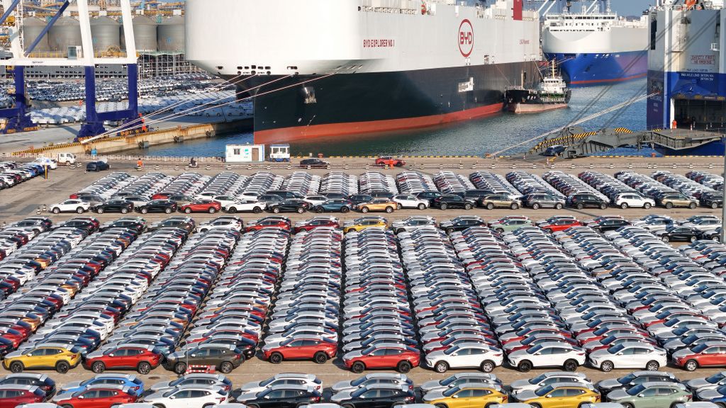BYD Explorer No. 1 Car Carrier
The ''BYD Explorer No. 1'' car carrier is being loaded with new energy vehicles for export at the port of Yantai, Shandong Province, China, on January 10, 2024. (Photo by Costfoto/NurPhoto via Getty Images)
NurPhoto
china, byd, vehicle, export, trade, january 10, byd explorer no. 1, car carrier, new energy vehicles, port of yantai, costfoto, nurphoto, electric vehicles, automotive industry, logistics, international trade, chinese exports, sustainable transportation, electric cars, maritime transport, vehicle shipping, trade infrastructure, eco-friendly vehicles, electric vehicle market, dock, global trade, sea freight, cargo ship, environmental innovation, automotive export.