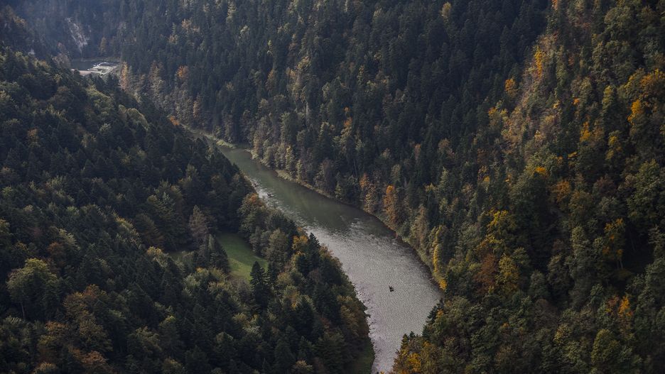 SZCZAWNICA, POLAND - 2019/10/08: A tourist boat navigates on Dunajec River in the heart of Pieniny National Park during autumn.Pieniny National Park it is an exclusive protected area in the heart of Pieniny Mountains divided between Poland and Slovakia. The golden autumn is known to be the most attractive time of the year to visit Pieniny, due to the different kind of trees, creating a visual effect of intensive yellow and orange colors. (Photo by Omar Marques/SOPA Images/LightRocket via Getty Images)