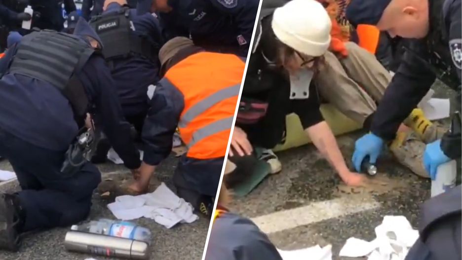 Aktywiści przykleili się do drogi