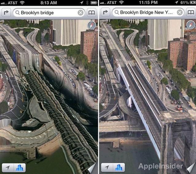 Most Brookliński w Mapach Apple'a - przed i po aktualizacji , fot. Appleinsider