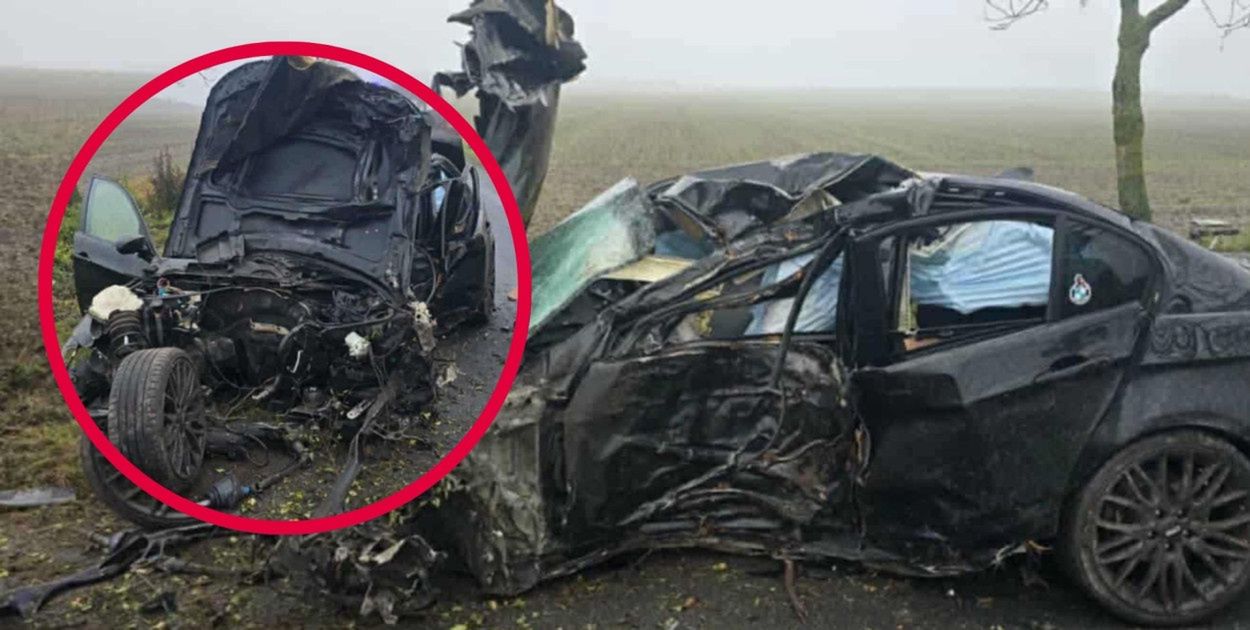 Kujawsko-pomorskie: BMW roztrzaskało się o drzewa. Silnik i skrzynia kilkadziesiąt metrów od auta