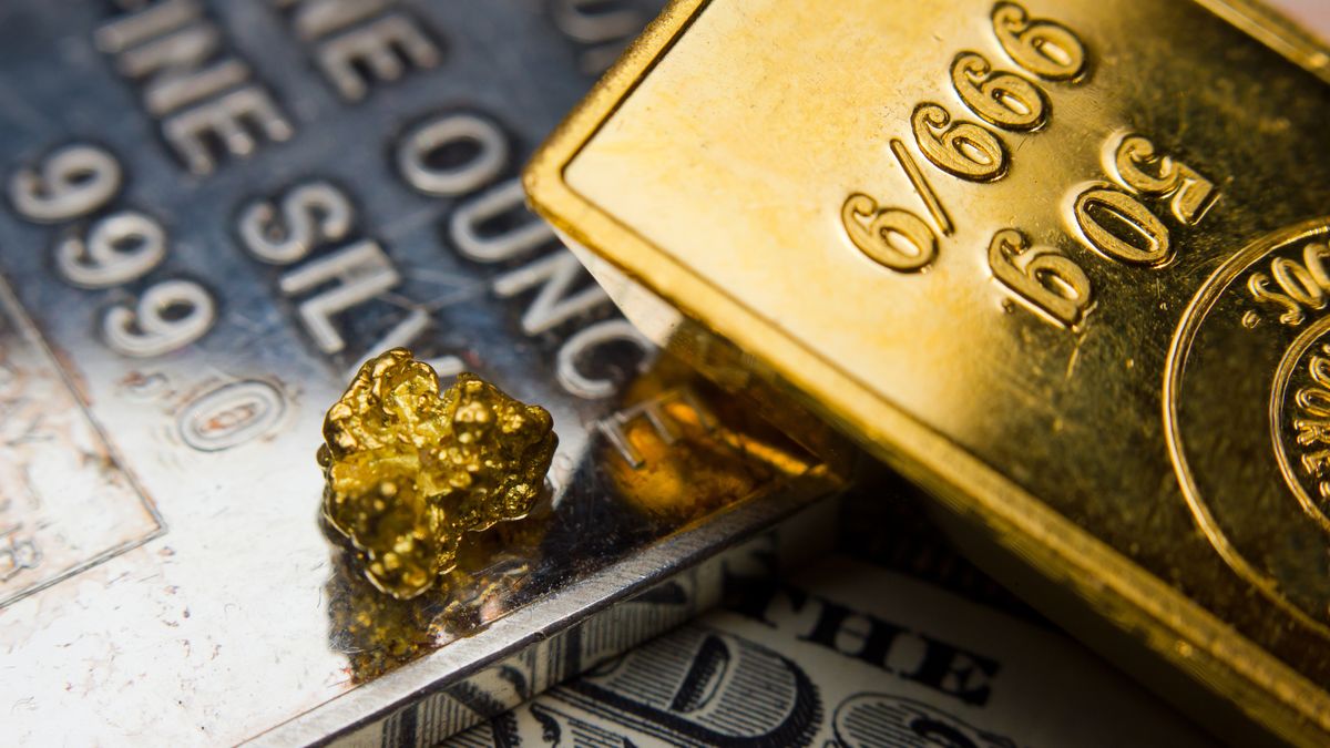 Gold ingot and nugget on top of a troy ounce silver bar
Close-up of a gold ingot and gold nugget on top of a troy ounce silver and US banknotes
gold, nugget, silver, background, coin, ingots, bank, banking, banknote, bar, bullion, business, capital, currency, dollar, economic, economy, fed, federal, reserve, finance, financial, fortune, standard, golden, ingot, investment, isolated, metal, money, precious, recession, rich, saving, symbol, treasure, treasury, trust, value, wealth, wealthy, crisis, development, investing, minerals, mining, raw, trade, concept, bitcoin, gold, nugget, silver, background, coin, ingots, bank, banking, banknote, bar, bullion, business, capital, currency, dollar, economic, economy, fed, federal, reserve, finance, financial, fortune, standard, golden, ingot, investment, isolated, metal, money, precious, recession, rich, saving, symbol, treasure, treasury, trust, value, wealth, wealthy, crisis, development, investing, minerals, mining, raw, trade, concept, bitcoin