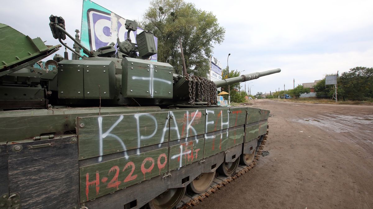 Izium in Kharkiv Region after liberation from Russian occupiers
IZIUM, UKRAINE - SEPTEMBER 15, 2022 - A destroyed Russian military vehicle signed 'Kraken' is seen on a street in Izium which was liberated from Russian invaders, Kharkiv Region, northeastern Ukraine. (Photo credit should read Vyacheslav Madiyevskyy/ Ukrinform/Future Publishing via Getty Images)
Future Publishing
ukraine conflict, russian invasion, ukraine war, russia-ukraine war, de-occupation, counteroffensive, offensive, izium, kharkiv region, military vehicle, wreckage